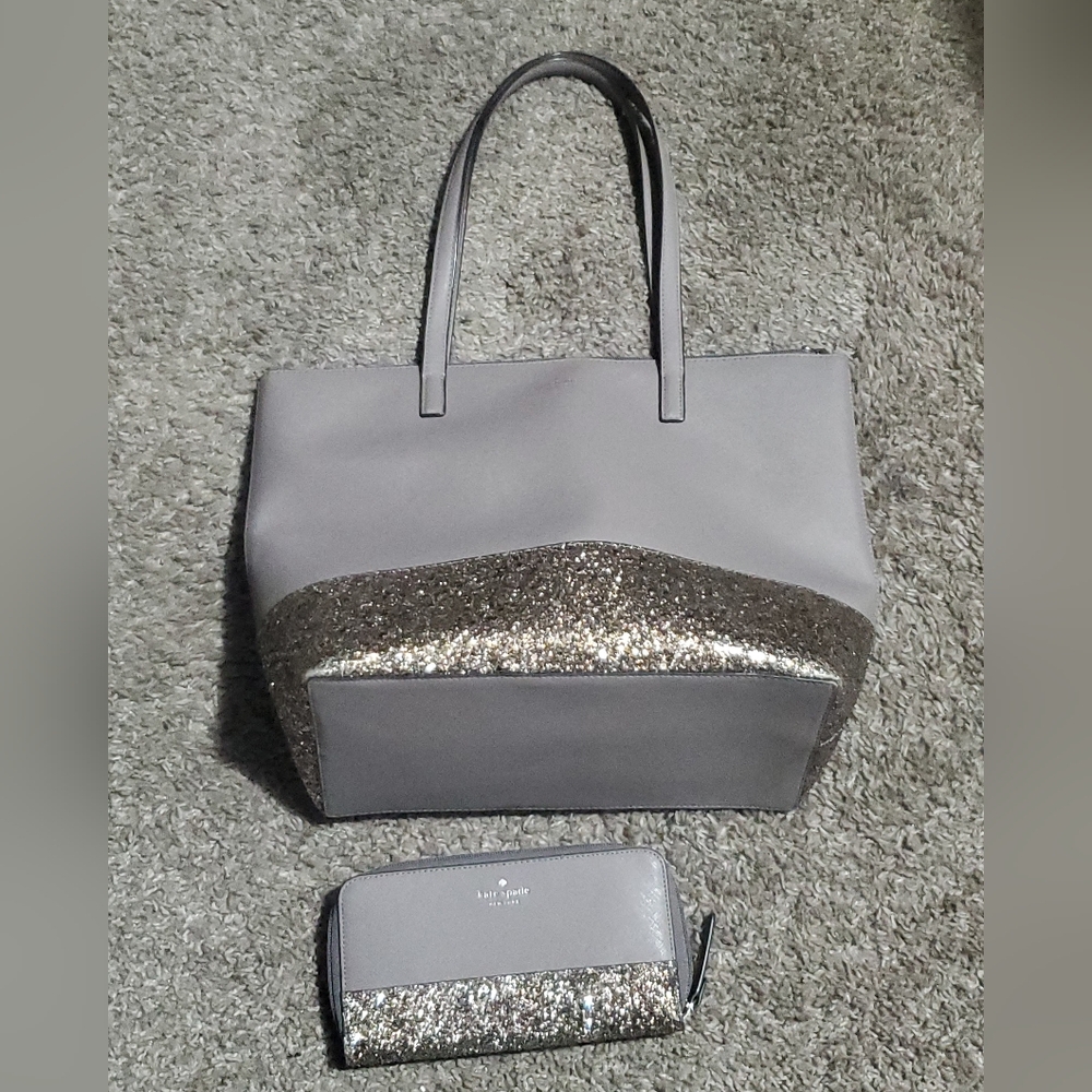 ♠️Kate Spade Glitter/Gray/ Silver Tote Bag with Wallet Greta Court